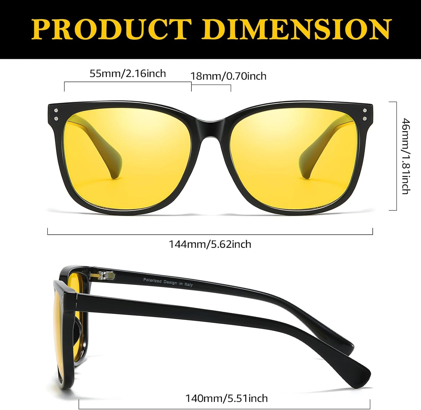 TJUTR Women’s Night Vision Driving Glasses, Polarized Yellow Tint Anti Glare Eyewear for Nighttime Driving TN2572