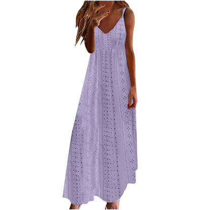 Women Strap Summer Dress Eyelet V Neck Spaghetti Midi Dresses Casual Solid A-Line Flowy Sundress Beach