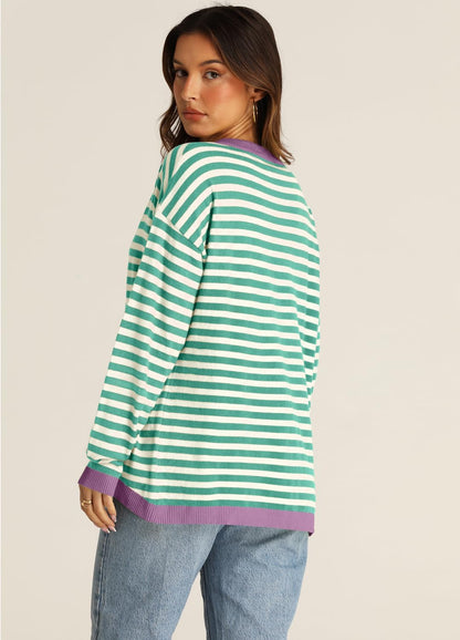 YEXIPO Womens Sweaters Striped 2024 Fall Long Sleeve Crewneck Casual Knit Lightweight Oversized Pullover Sweater Tops