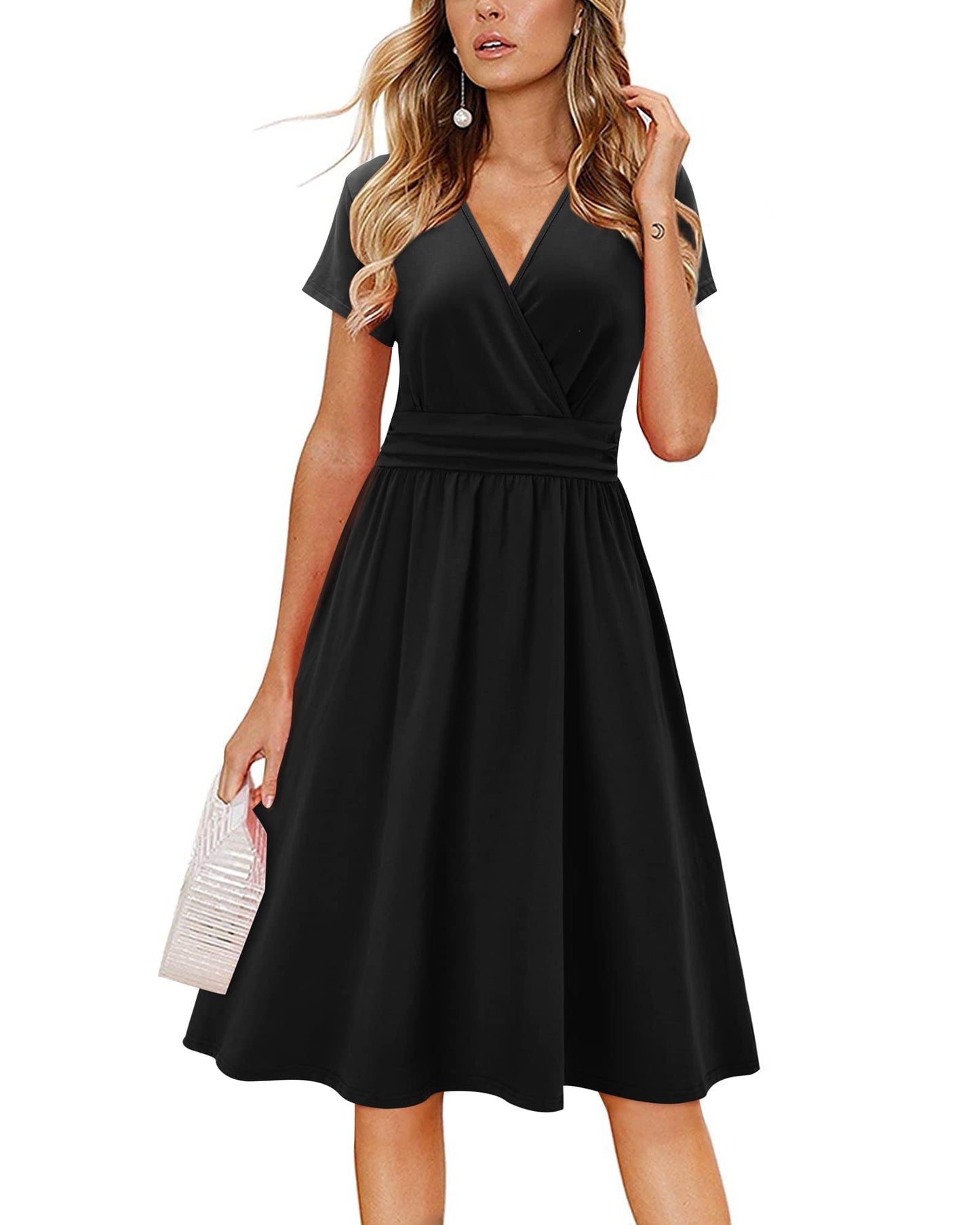 Newshows Womens Summer Short Sleeve Casual Dresses V Neck Floral Vacation Sundress Faux Wrap Midi Dress with Pockets