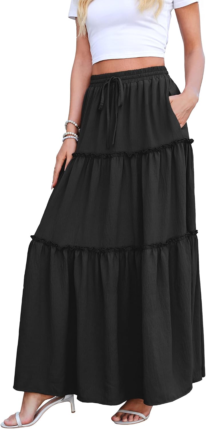 WEACZZY Womens Casual High Waisted Maxi Skirts with Pockets Flowy Boho Tiered Pleated Skirt for Spring Summer Travel Vacation