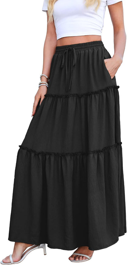 WEACZZY Womens Casual High Waisted Maxi Skirts with Pockets Flowy Boho Tiered Pleated Skirt for Spring Summer Travel Vacation
