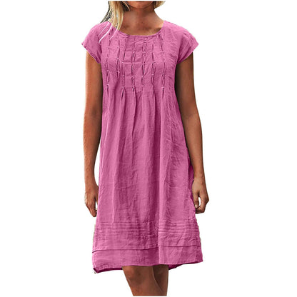 Cotton Linen Dress for Women Plus Size Pleated Dresses Casual Round Neck Short Sleeve Sundress Beach Vacation Dress