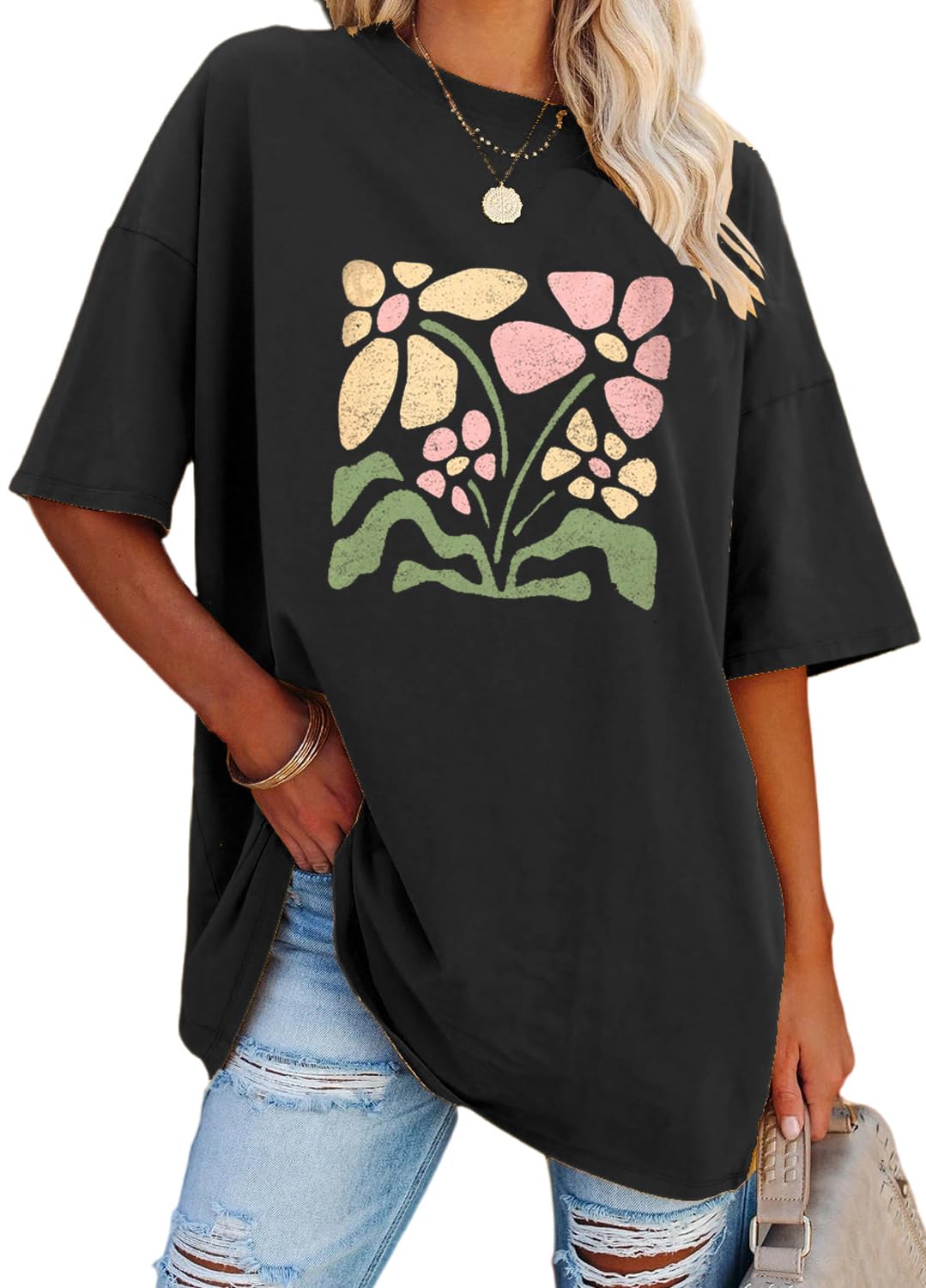 YEXIPO Women's Oversized T Shirts Graphic Tees Summer Short Sleeve Loose Fit Casual Crewneck Plain Tunic Tops