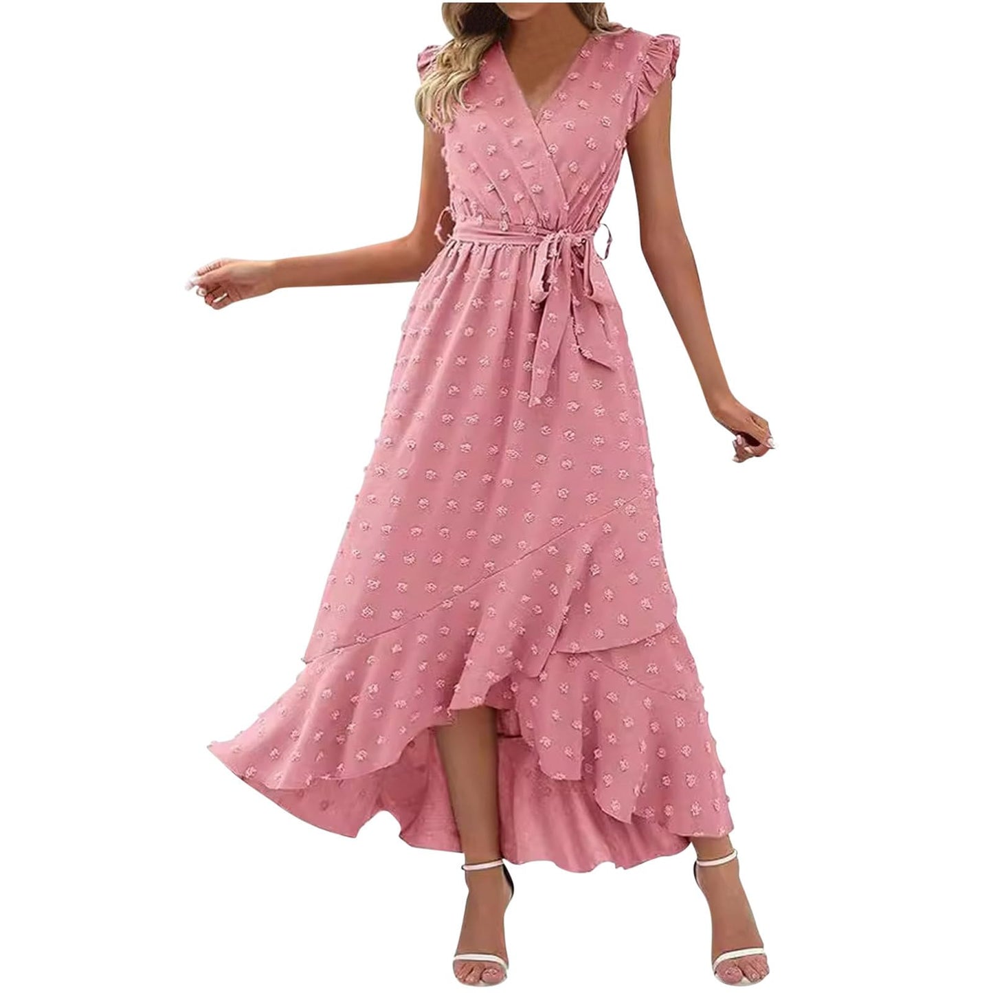 Women's Swiss Dot Dress Criss Cross V Neck Ruffle Wrap Dress Sleeveless Side Split Swing Flowy Long Maxi Dresses