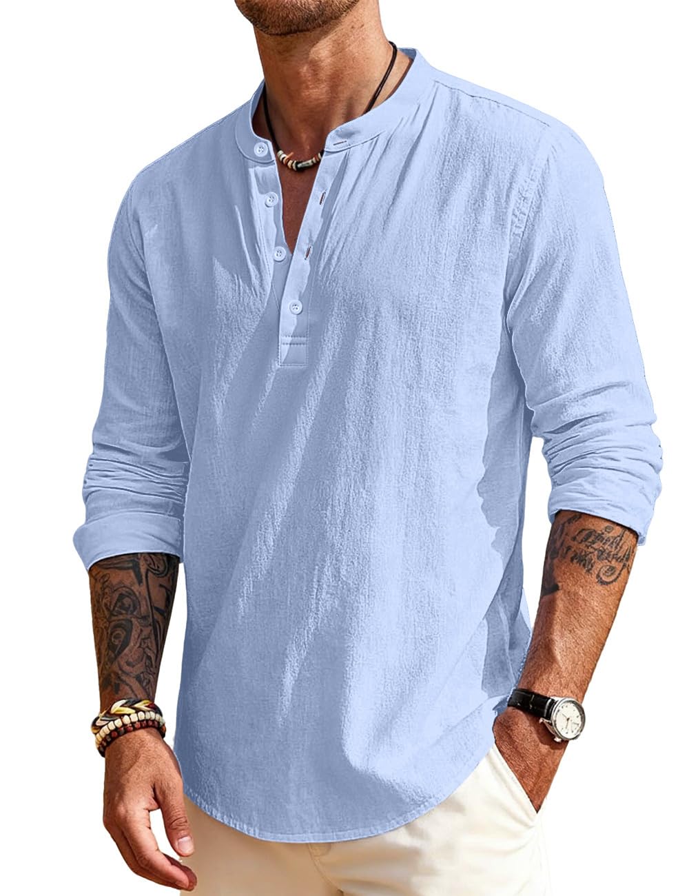Men's Linen Shirts Henley T-Shirts Long Sleeve Casual Beach T-Shirts Solid Tops Shirts for Men