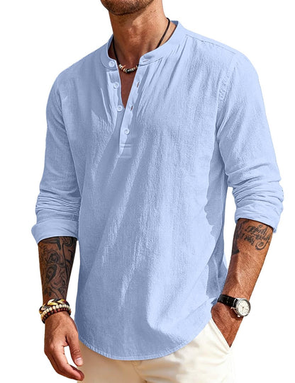 Men's Linen Shirts Henley T-Shirts Long Sleeve Casual Beach T-Shirts Solid Tops Shirts for Men