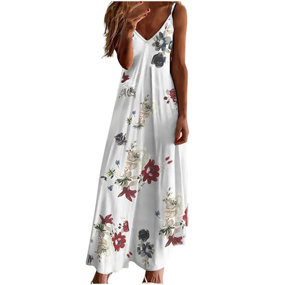 Ceboyel Women Floral Spaghetti Strap Sundress Casual Summer Long Maxi Dress Vneck Sexy Boho Dresses Trendy Beach Clothes
