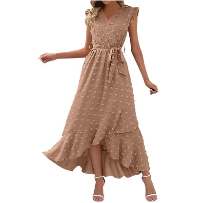 Women's Swiss Dot Dress Criss Cross V Neck Ruffle Wrap Dress Sleeveless Side Split Swing Flowy Long Maxi Dresses