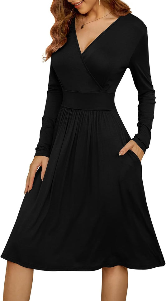 WEACZZY Women's 2026 Fall Long Sleeve Casual Dresses Wrap V-Neck Semi Formal Party Dress with Pockets