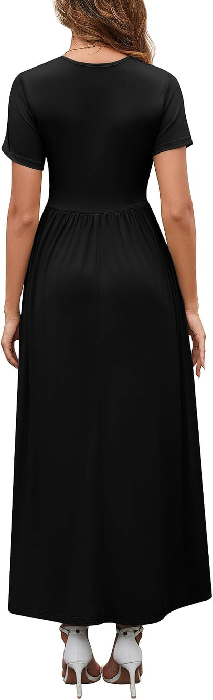 WEACZZY 2026 Summer Long Dresses for Women Wrap Empire Pleated Waist V Neck Short Sleeve Elegant Maxi Dress with Pockets