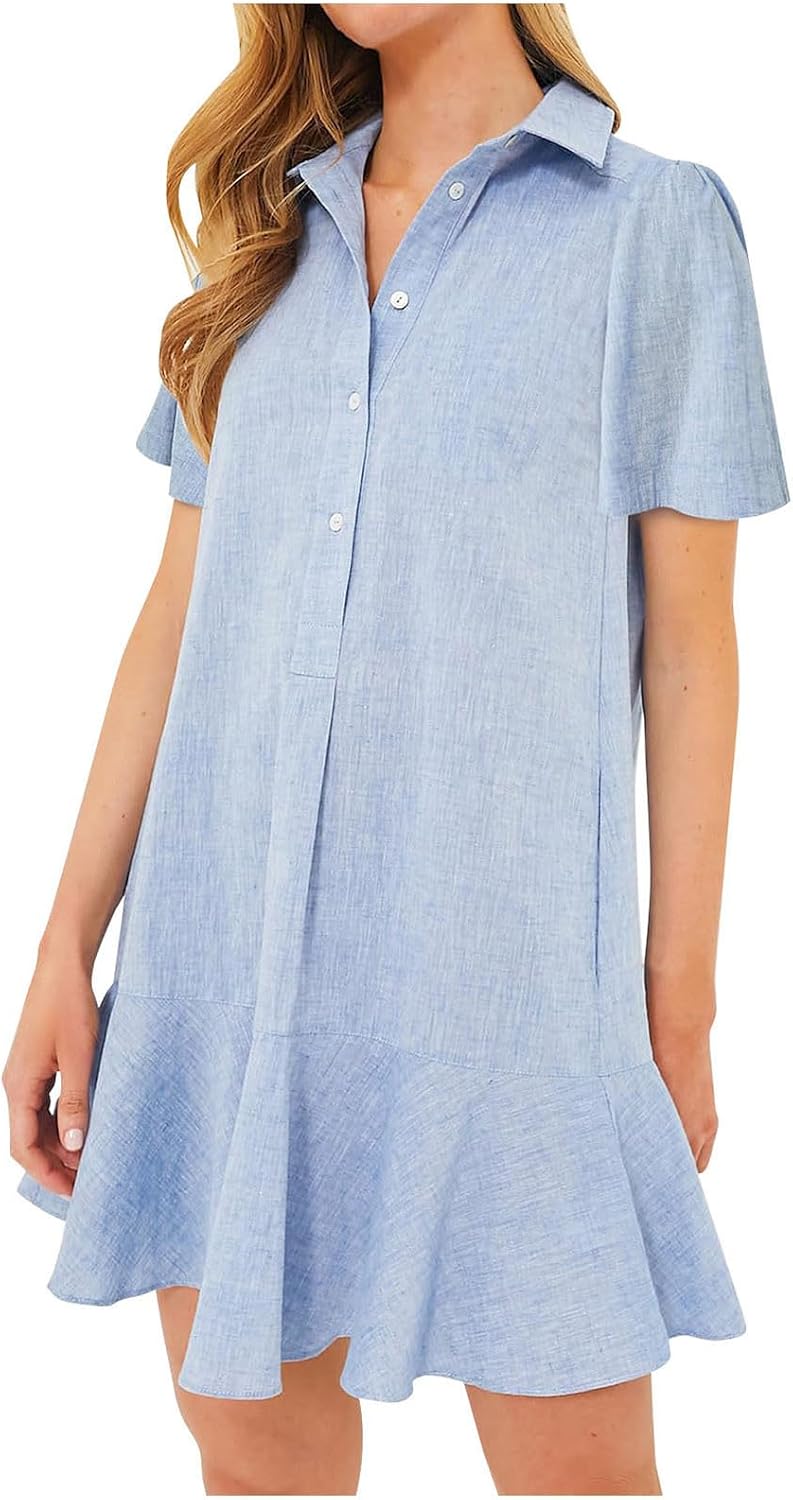 Women‘s Sleeveless Shirt Dress Ruffle Hem Tank Dress Button V Neck Swing Shift Mini Dresses Lapel Collar Tunic Dress