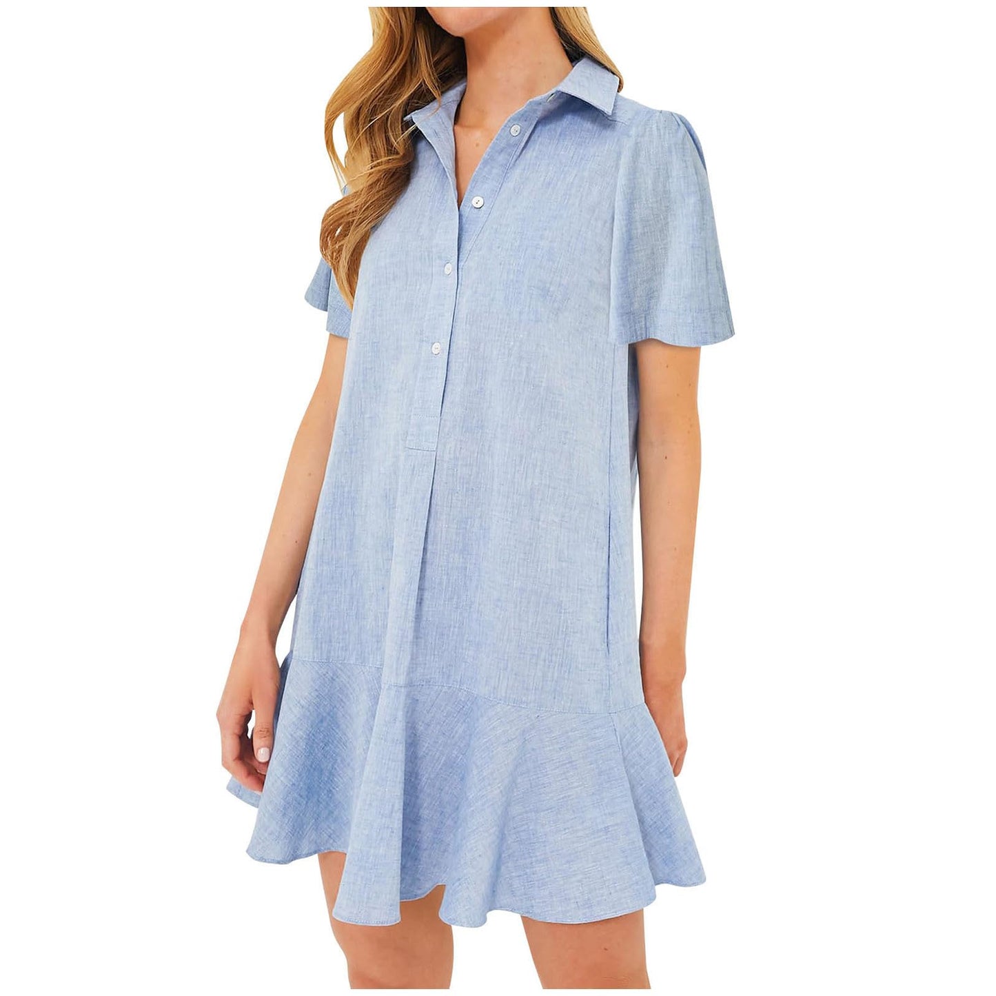 Women‘s Sleeveless Shirt Dress Ruffle Hem Tank Dress Button V Neck Swing Shift Mini Dresses Lapel Collar Tunic Dress