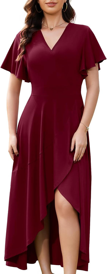 WEACZZY Women V Neck Ruffle Sleeve Maxi Dresses Split Elegant Slim Wrap Waist Wedding Guest Dress Elegant Casual Dresses 2026