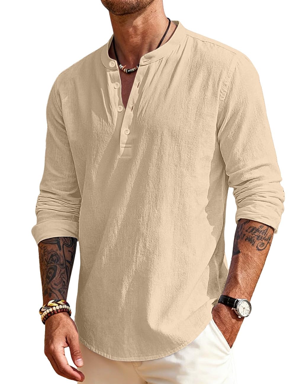 Men's Linen Shirts Henley T-Shirts Long Sleeve Casual Beach T-Shirts Solid Tops Shirts for Men