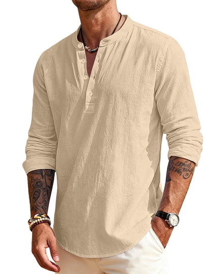 Men's Linen Shirts Henley T-Shirts Long Sleeve Casual Beach T-Shirts Solid Tops Shirts for Men