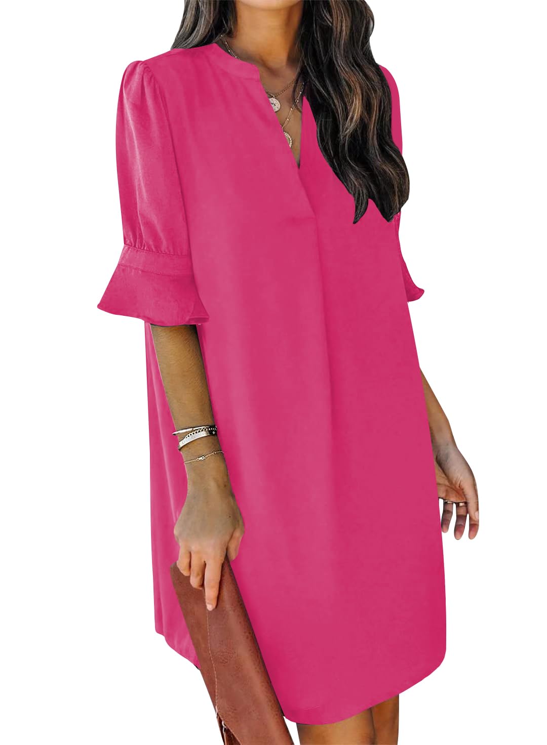 QACOHU Summer Dresses for Women V Neck Ruffle Short Sleeve Casual Shift Dress