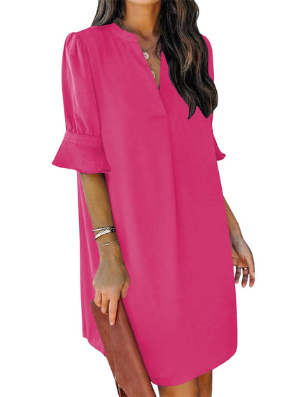 QACOHU Summer Dresses for Women V Neck Ruffle Short Sleeve Casual Shift Dress