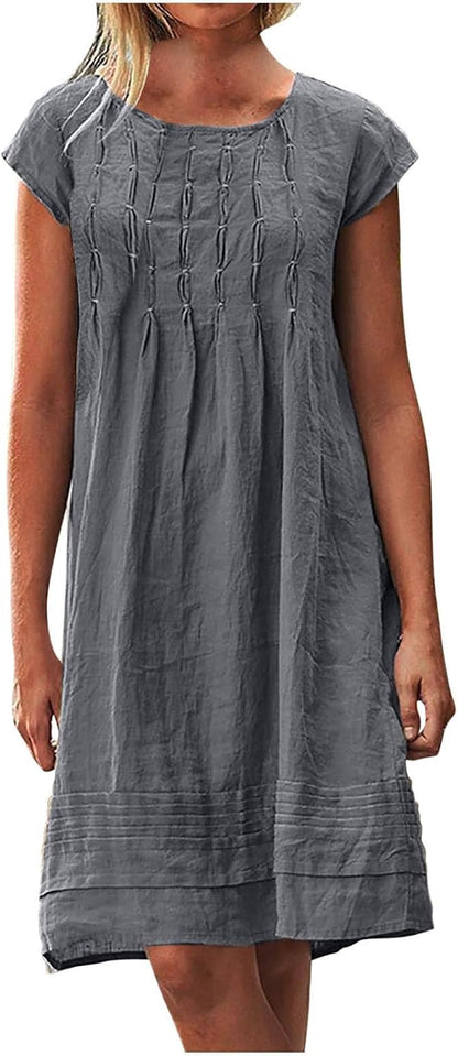 Cotton Linen Dress for Women Plus Size Pleated Dresses Casual Round Neck Short Sleeve Sundress Beach Vacation Dress