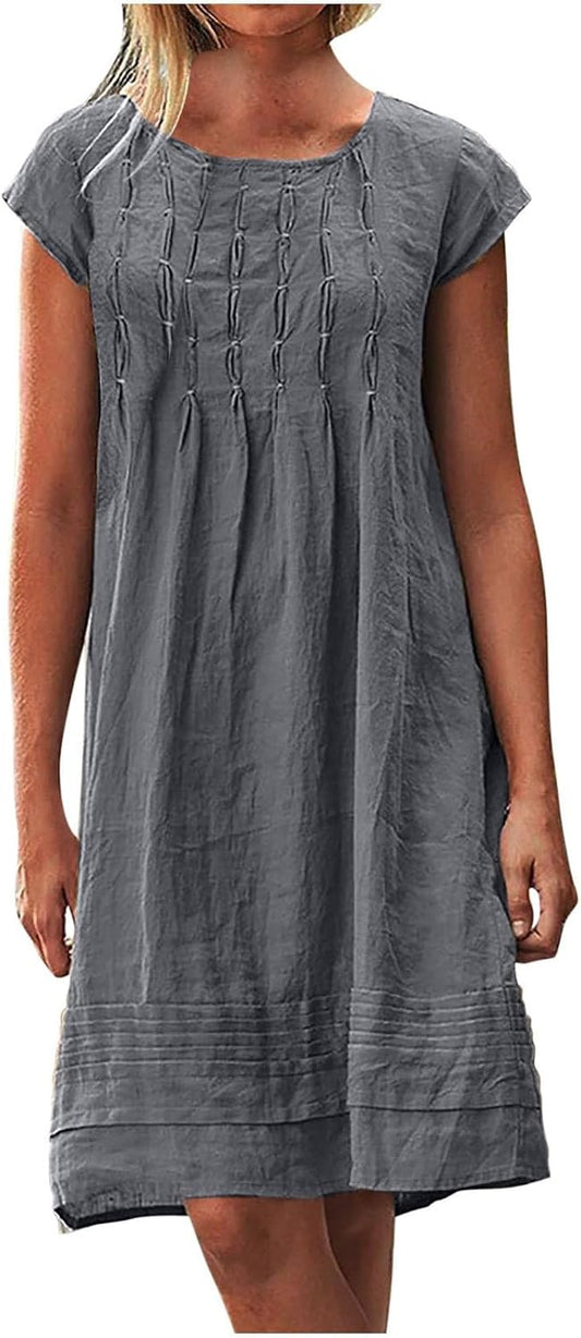 Cotton Linen Dress for Women Plus Size Pleated Dresses Casual Round Neck Short Sleeve Sundress Beach Vacation Dress