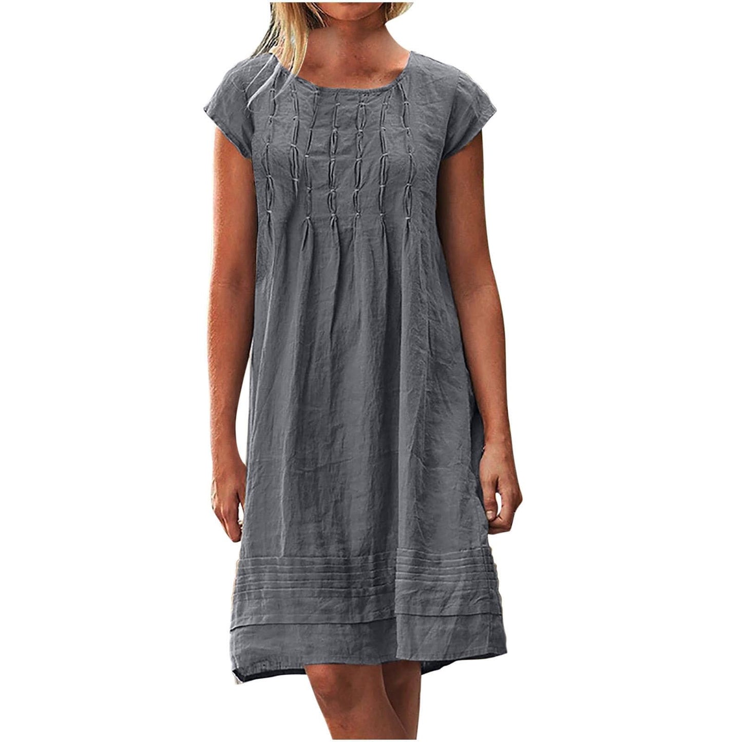 Cotton Linen Dress for Women Plus Size Pleated Dresses Casual Round Neck Short Sleeve Sundress Beach Vacation Dress
