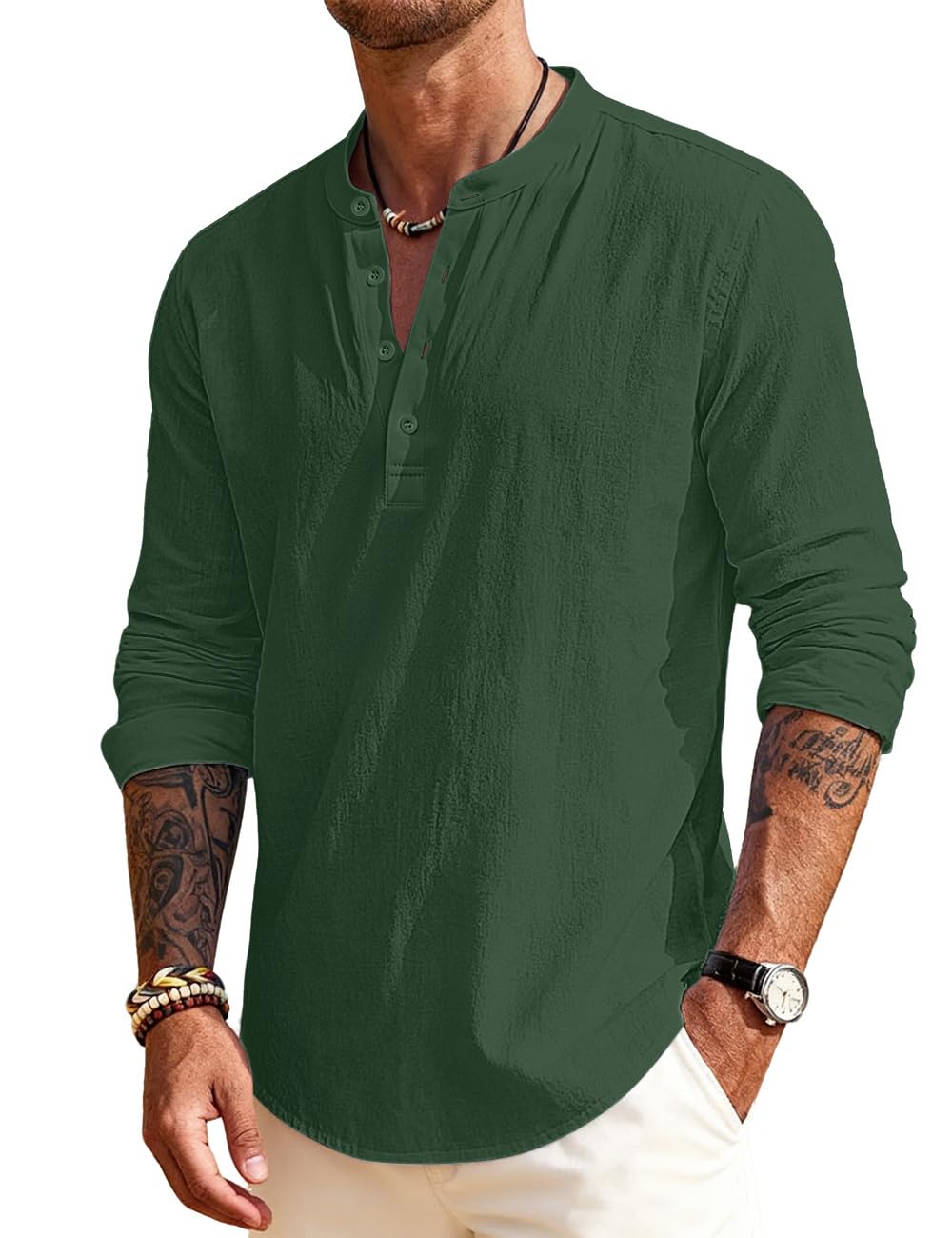 Men's Linen Shirts Henley T-Shirts Long Sleeve Casual Beach T-Shirts Solid Tops Shirts for Men
