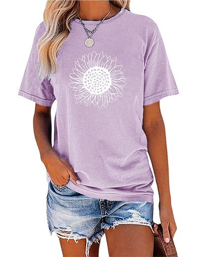 MaQiYa Womens Cute Sunflower Graphic Printed Tee Shirts Vintage Short Sleeve Cotton Shirts Tops