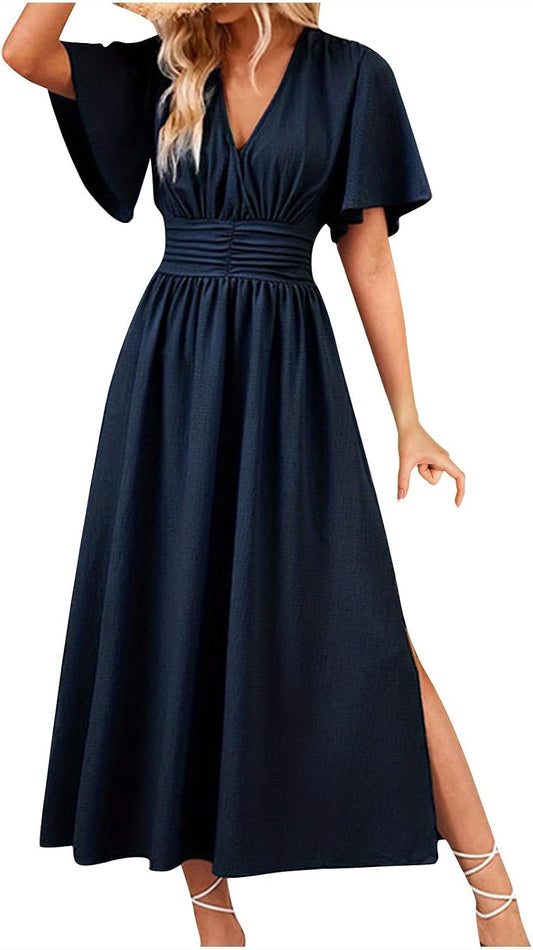 Maxi Dresses for Women Trendy Elegant Short Sleeve V Neck Pleated Swing Flowy Dress Ruffle Tiered Smocked Long Dress