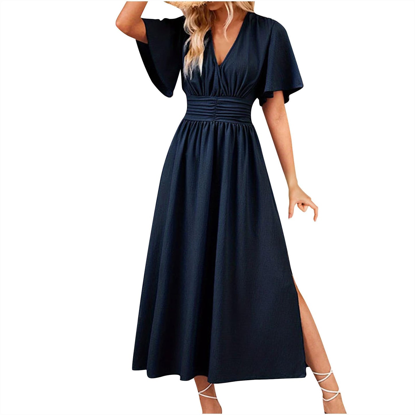 Maxi Dresses for Women Trendy Elegant Short Sleeve V Neck Pleated Swing Flowy Dress Ruffle Tiered Smocked Long Dress