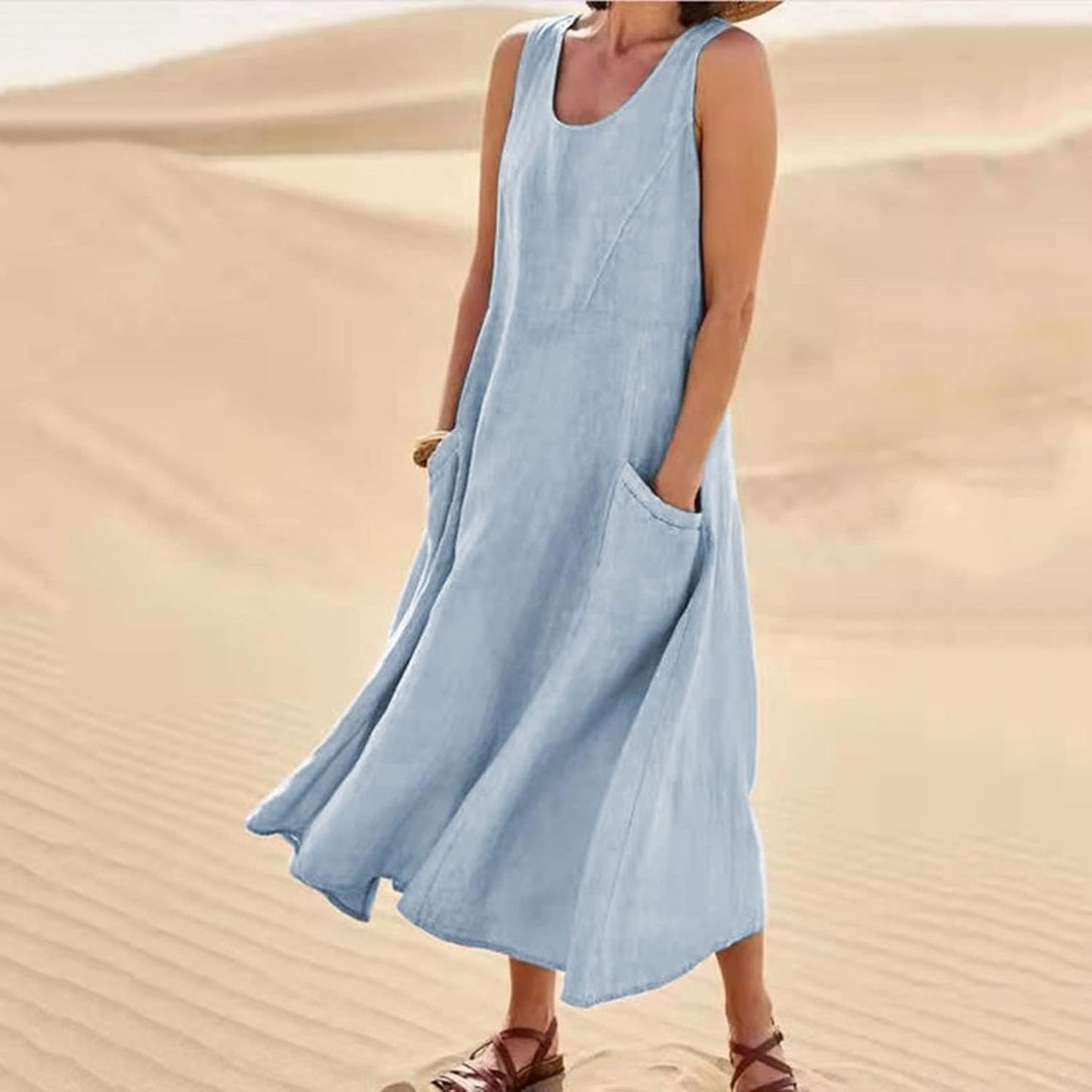 SMIDOW Cotton Dresses for Women Casual Summer 2024 Solid Beach Flowy Tshirt Sundress Sleeveless Tank Long Dress with Pockets