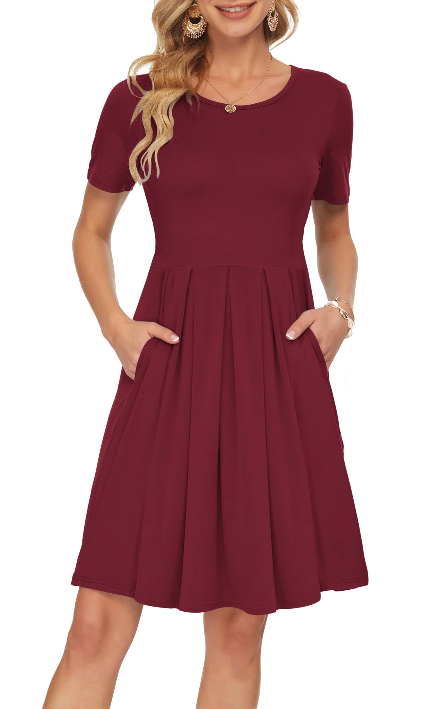 AUSELILY Women's Short Sleeve Summer Dress Pleated Loose Swing Knee Length Dresses with Pockets 2026 New
