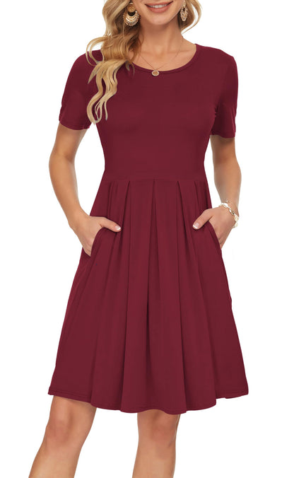 AUSELILY Women's Short Sleeve Summer Dress Pleated Loose Swing Knee Length Dresses with Pockets 2026 New