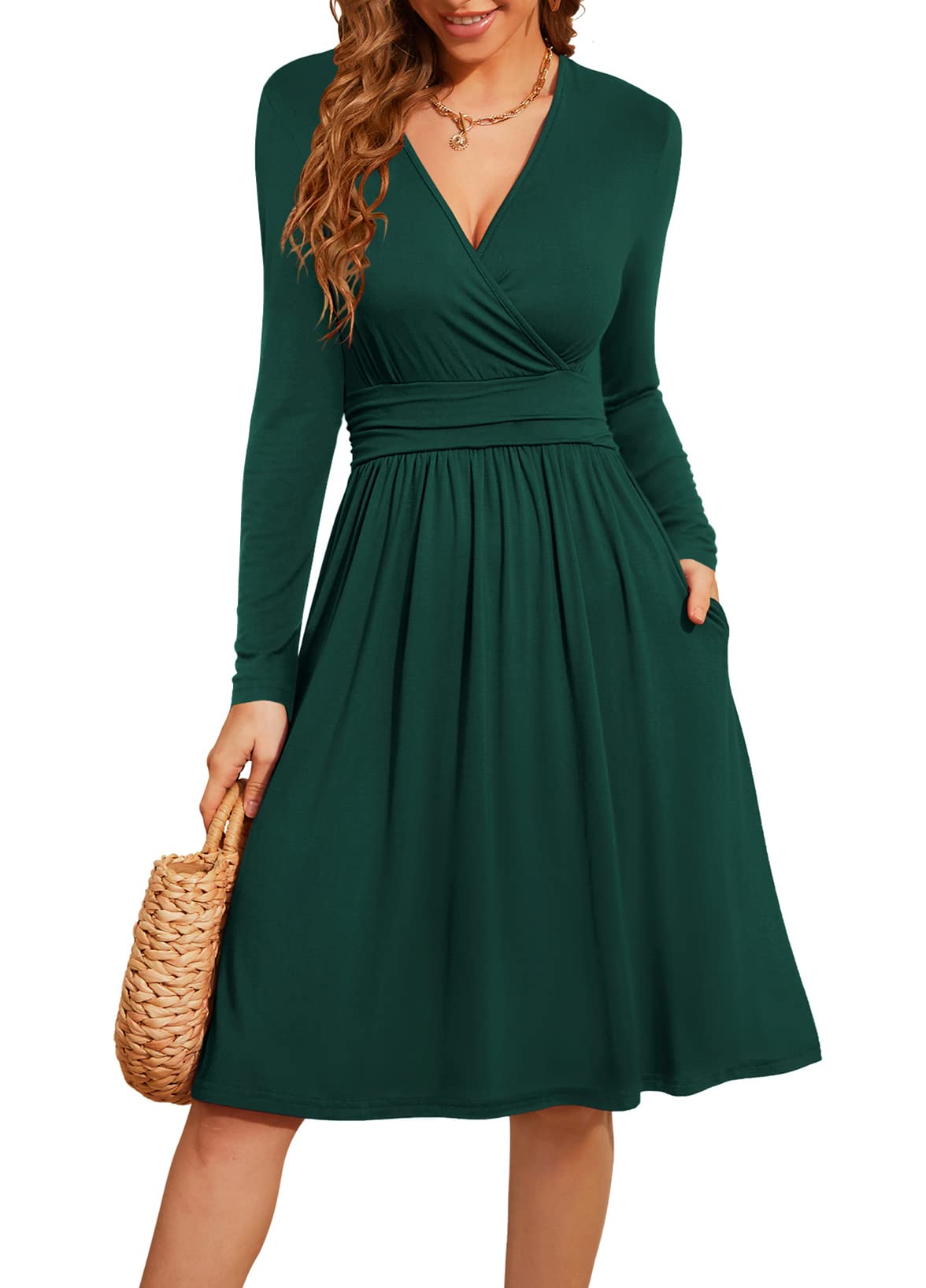 WEACZZY Women's 2026 Fall Long Sleeve Casual Dresses Wrap V-Neck Semi Formal Party Dress with Pockets