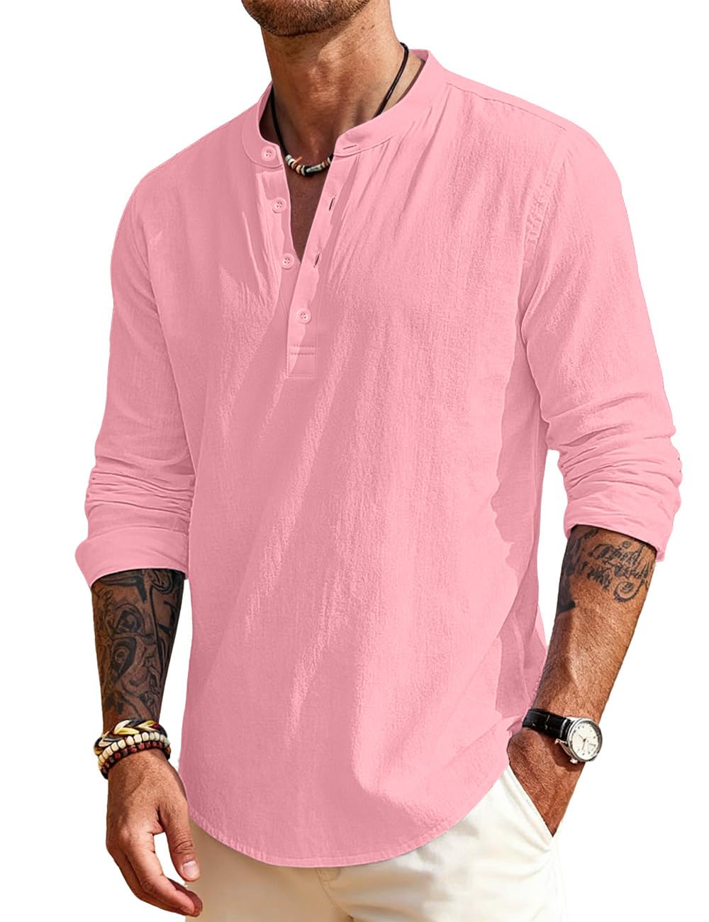 Men's Linen Shirts Henley T-Shirts Long Sleeve Casual Beach T-Shirts Solid Tops Shirts for Men