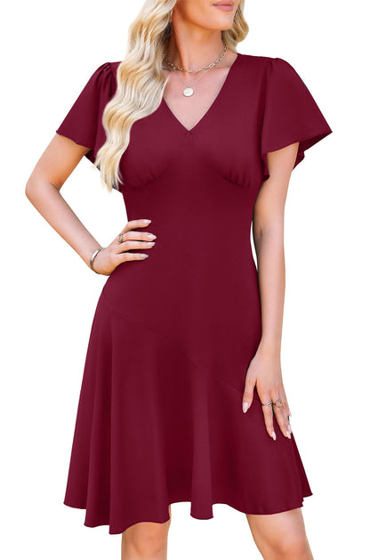 WEACZZY Casual Dresses for Women Flowy V Neck Ruffle Short Sleeves Flare Cocktail Party Dress Asymmetry Ruffle Hem