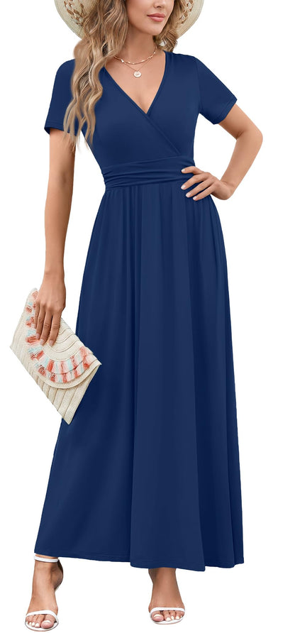 WEACZZY 2026 Summer Long Dresses for Women Wrap Empire Pleated Waist V Neck Short Sleeve Elegant Maxi Dress with Pockets