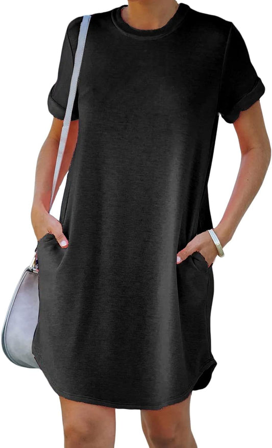 YEXIPO Women's Casual Summer Short Sleeve T Shirt Dress Nightgown Crew Neck Loose Solid Color Basic Dresses with Pockets