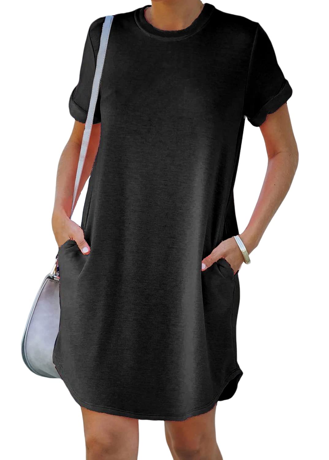 YEXIPO Women's Casual Summer Short Sleeve T Shirt Dress Nightgown Crew Neck Loose Solid Color Basic Dresses with Pockets