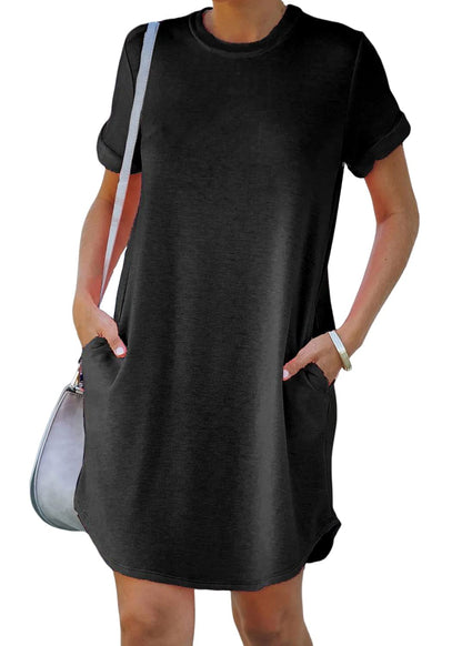 YEXIPO Women's Casual Summer Short Sleeve T Shirt Dress Nightgown Crew Neck Loose Solid Color Basic Dresses with Pockets