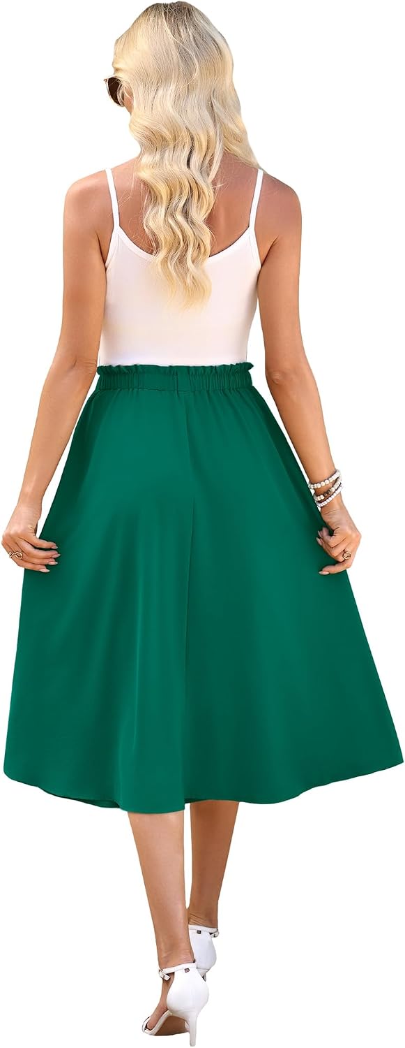 WEACZZY Women's Flowy Midi Skirt Drawstring Elastic A-Line Pleated Design | Two Side Pockets, High-Waist, Lightweight Stretch Polyester, Breathable Comfortable, Casual Beach, Work & Party Summer Skirt