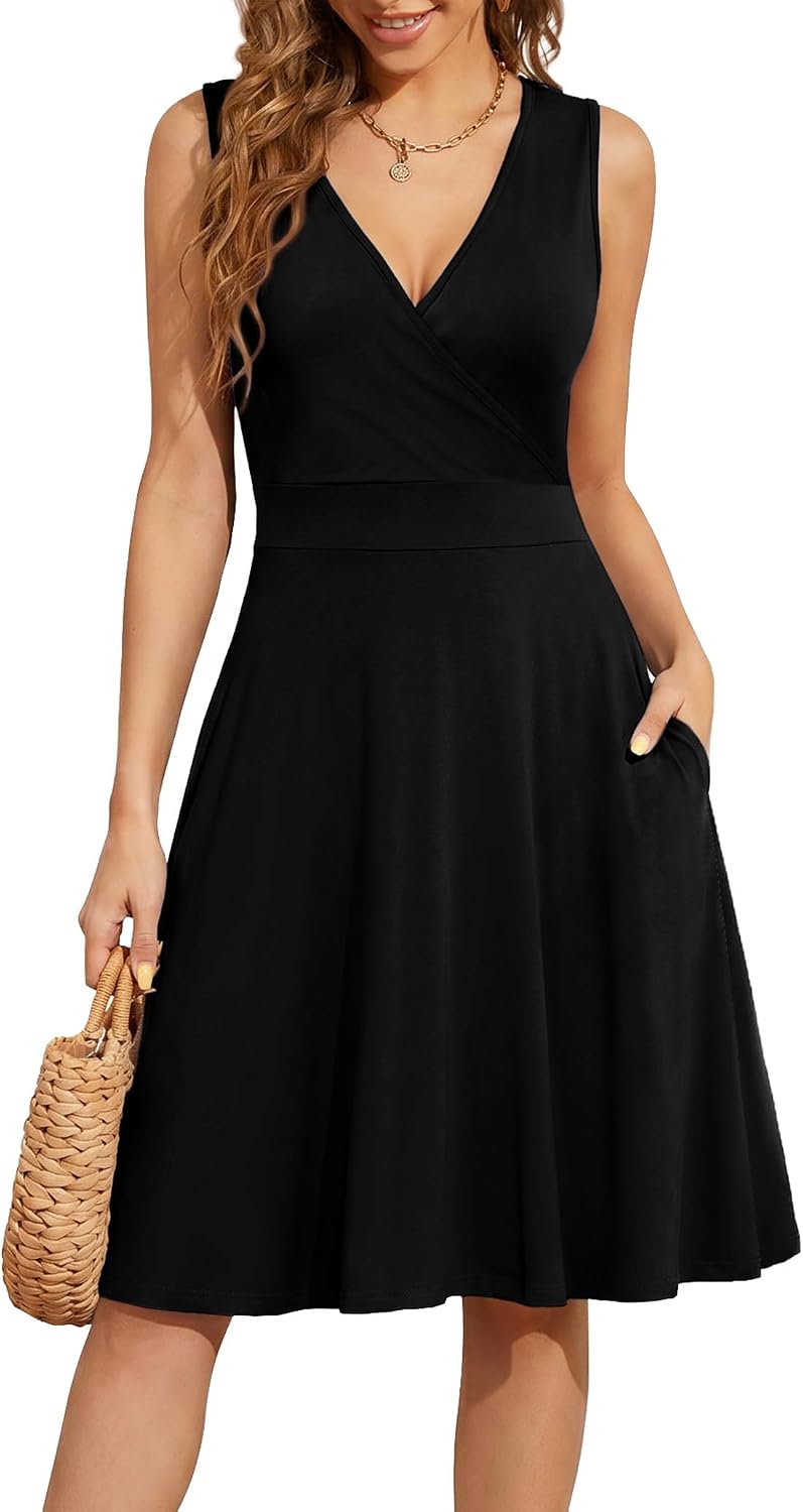 WEACZZY Women's Summer Sleeveless Casual Dresses V-Neck Wrap Floral Holiday Tank Dress Flowy Beach Sundress with Pockets