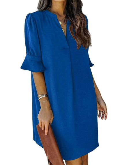 QACOHU Summer Dresses for Women V Neck Ruffle Short Sleeve Casual Shift Dress