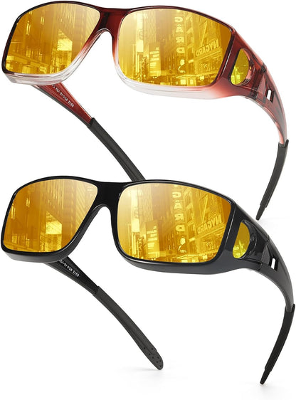 TJUTR 2 Pack Night Vision Driving Glasses Fit Over Eyeglasses for Men Women, Anti Glare Polarized Night Time Yellow Lens