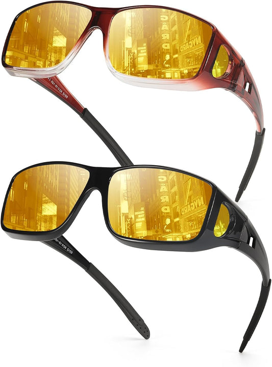 TJUTR 2 Pack Night Vision Driving Glasses Fit Over Eyeglasses for Men Women, Anti Glare Polarized Night Time Yellow Lens