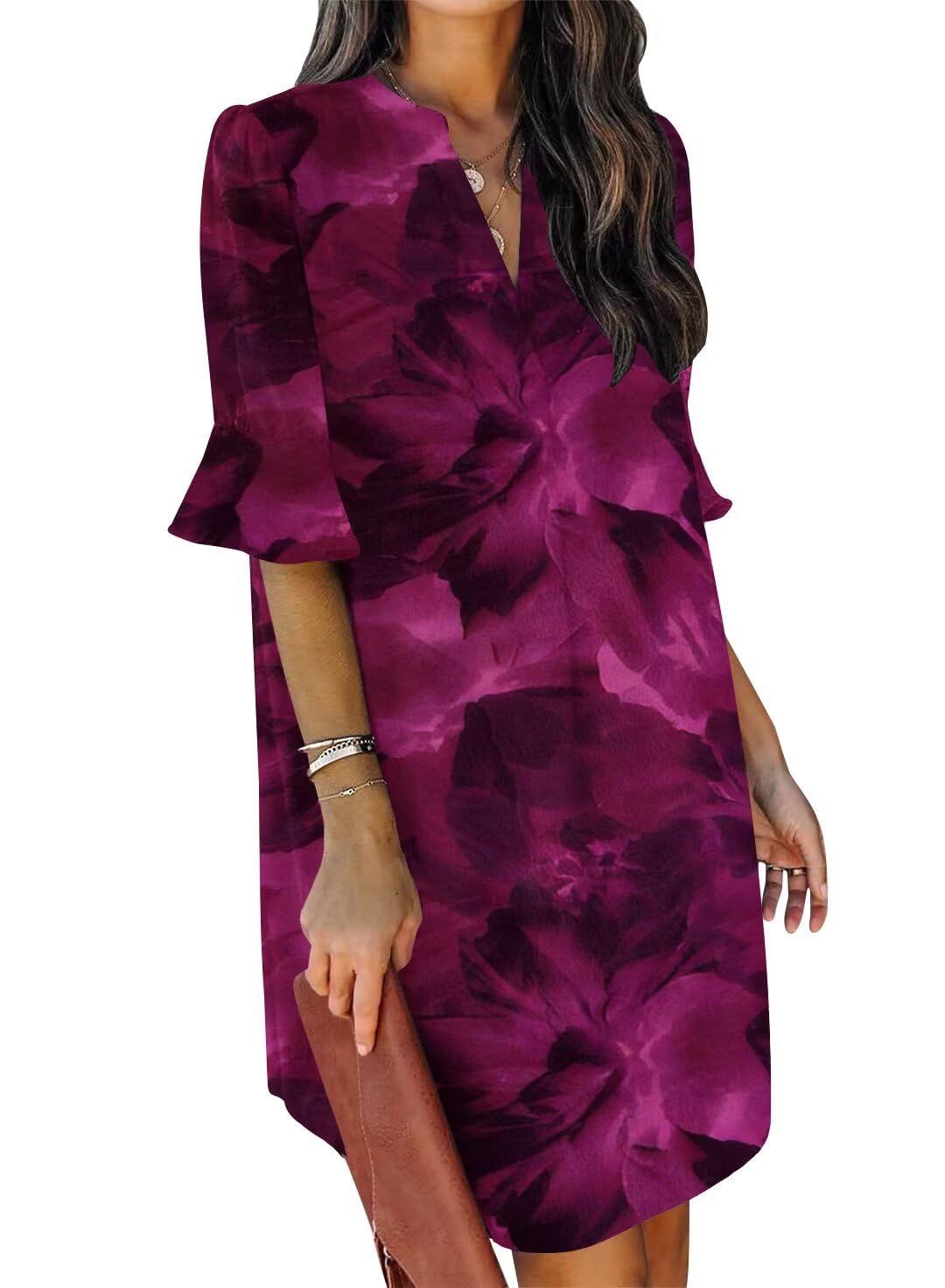 QACOHU Summer Dresses for Women V Neck Ruffle Short Sleeve Casual Shift Dress