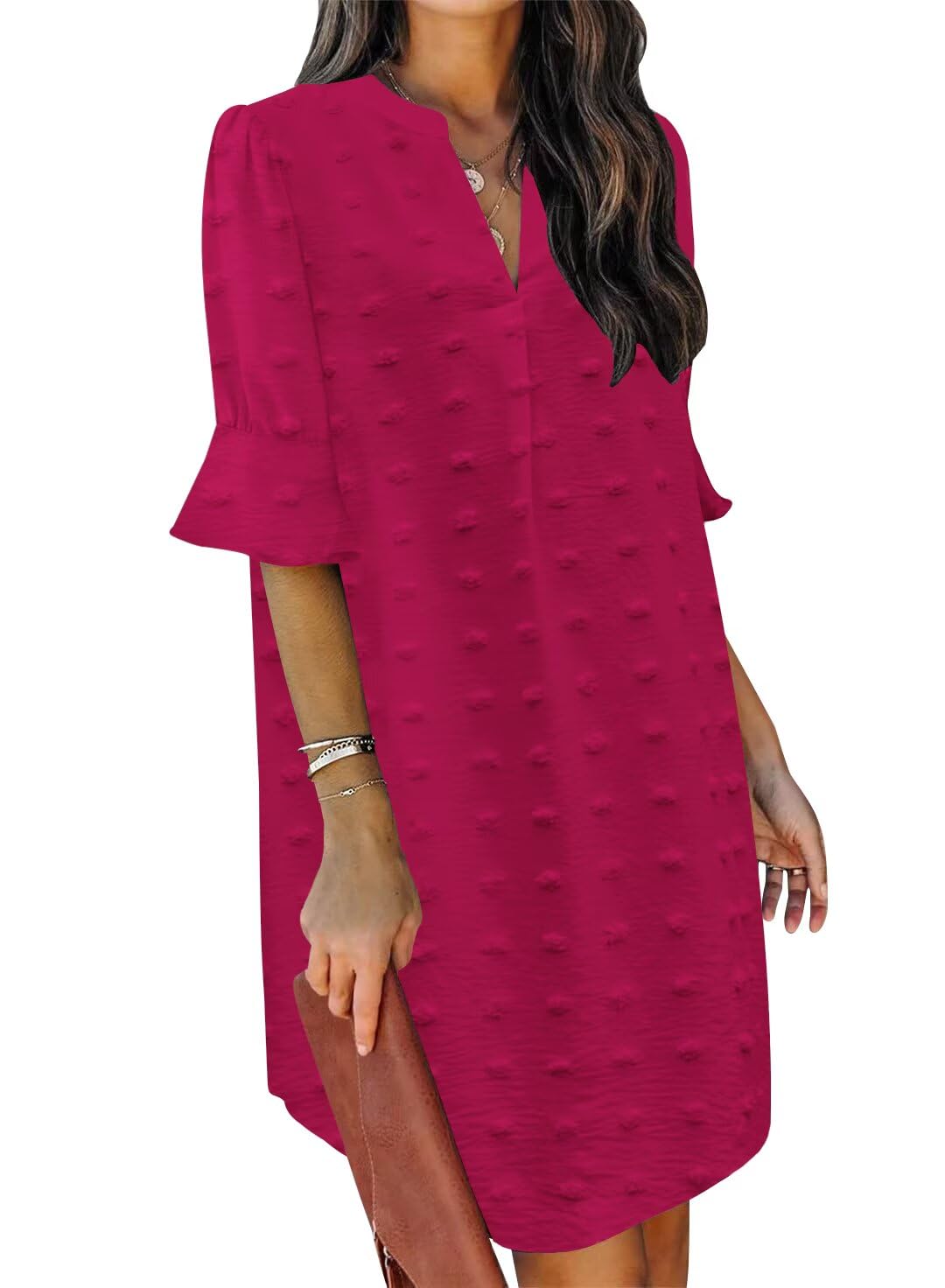 QACOHU Summer Dresses for Women V Neck Ruffle Short Sleeve Casual Shift Dress