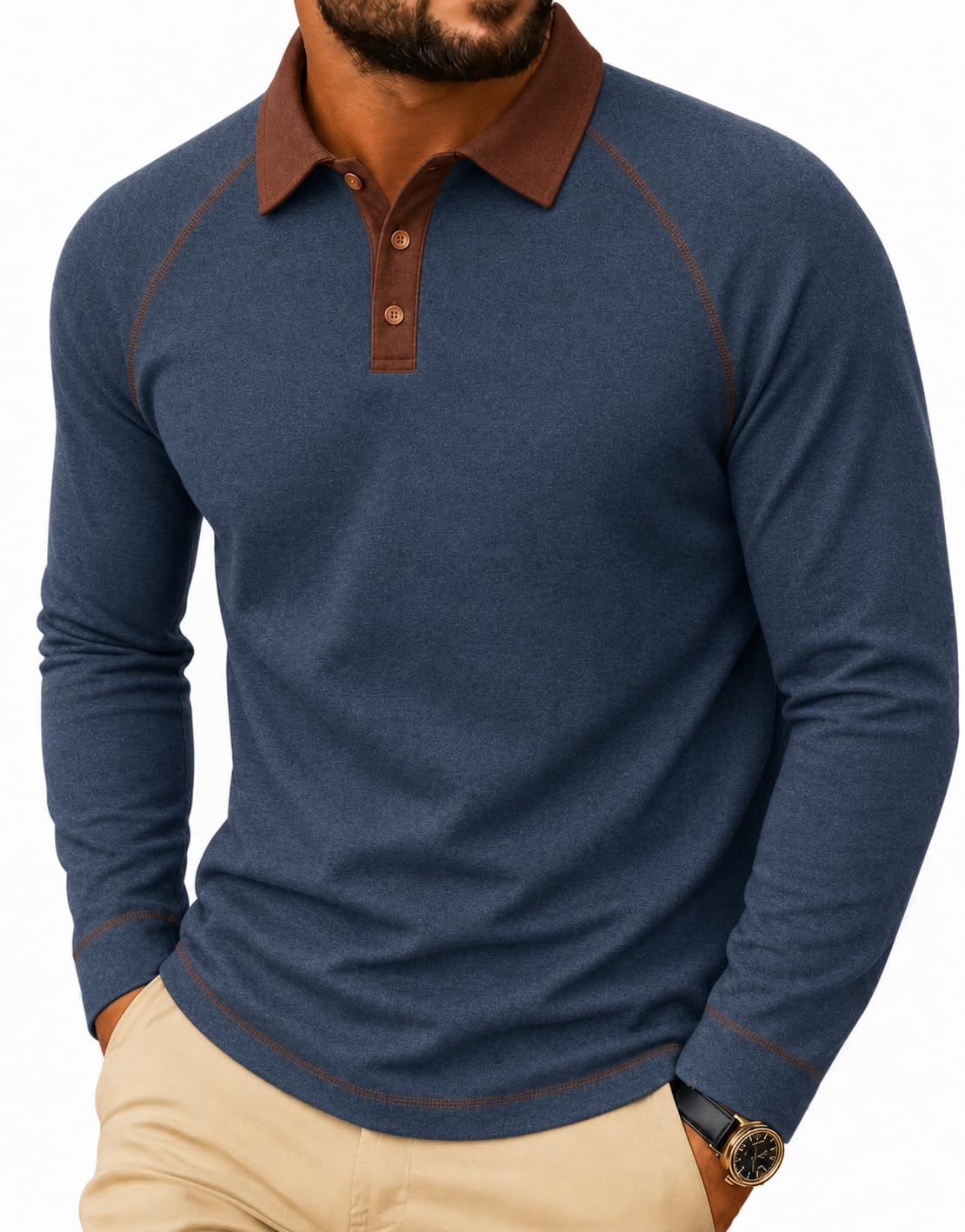 Sailwind Mens Long Sleeve Polo Shirts Fashion Casual Raglan Button Polo Tee Collared Golf Shirt
