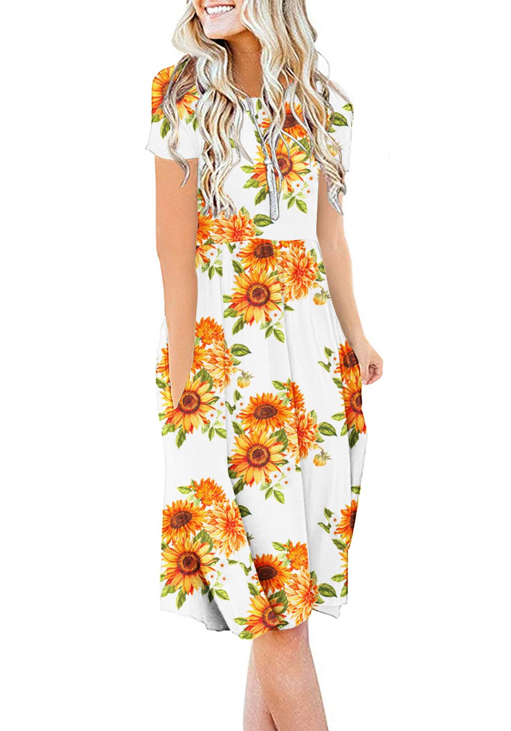 DB MOON Women Summer Casual Short Sleeve Dresses Empire Waist Dress with Pockets