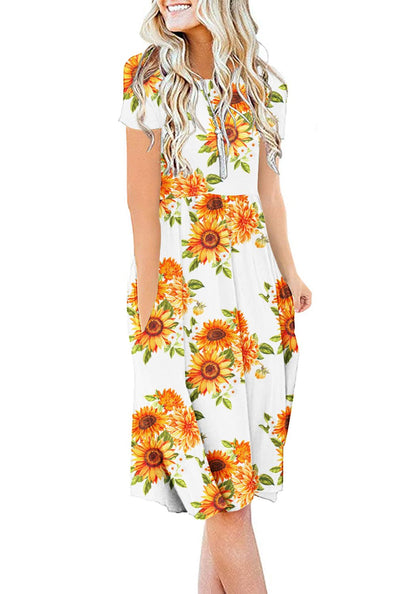 DB MOON Women Summer Casual Short Sleeve Dresses Empire Waist Dress with Pockets