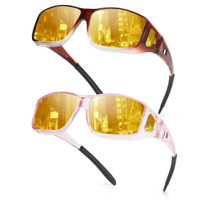 TJUTR 2 Pack Night Vision Driving Glasses Fit Over Eyeglasses for Men Women, Anti Glare Polarized Night Time Yellow Lens